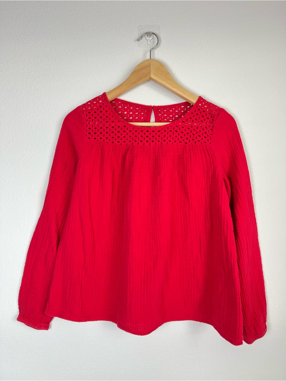 Cat & Jack Gauze Peasant Blouse XL Cherry Red Eyelet Cotton Prairie Boho Top
